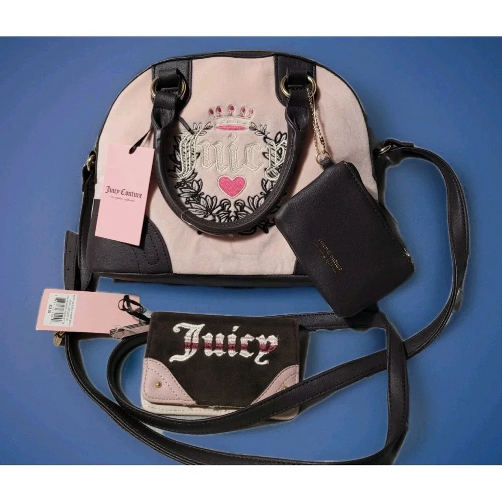 JUICY Couture Heritage Satchel Dome Pink Chocolate Coin Wallet 3 pc Heart